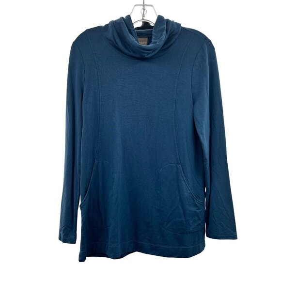 Chico's Cowl Neck Pullover Top Long Sleeve Blue Size Small Pockets - Picture 1 of 9